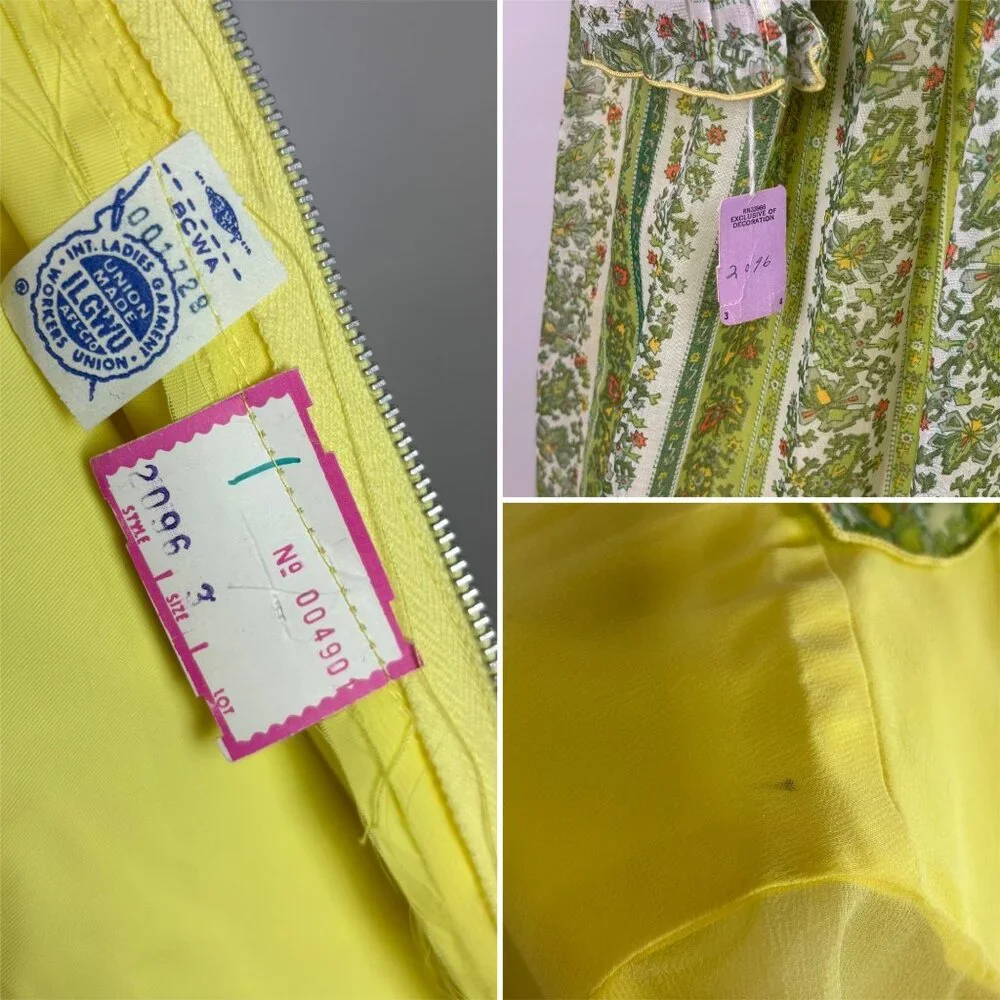 Vintage 70s Maxi Dress Juniors Sheer Yellow Chiffon Sleeves Printed Skirt Bow - Picture 13 of 13